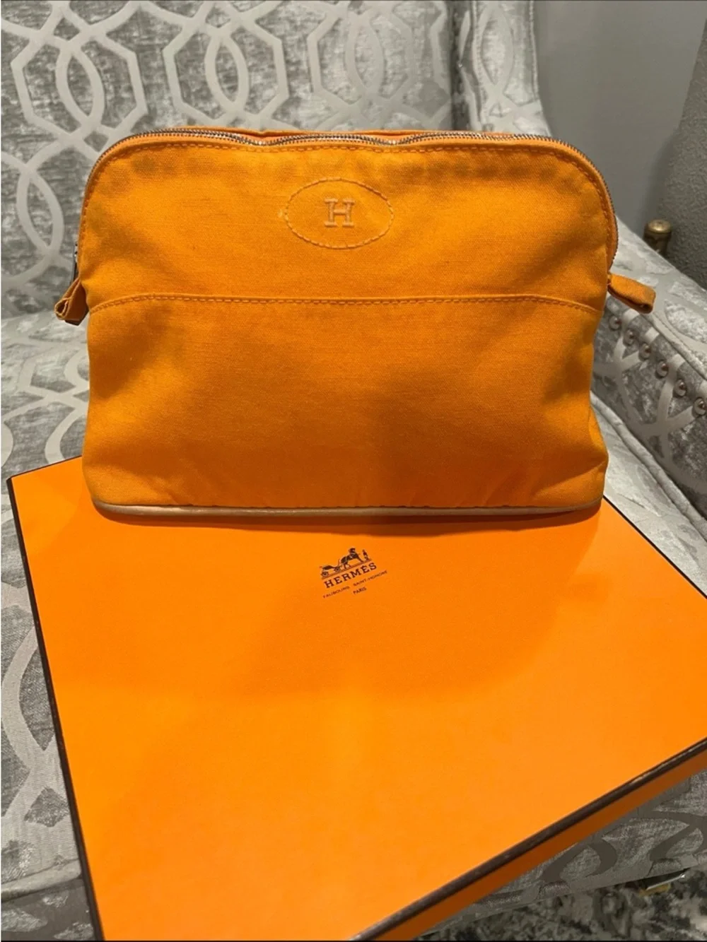 Hermès Bolide Orange Cotton & Leather Pouch - Authentic - Picture 1 of 10